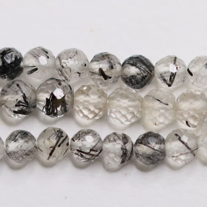 TOURMALATED QUARTZ 4MM FACETED ROUND BEAD STRING
